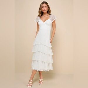 Lulus XS Graceful Darling White Lace Flutter Sleeve Tiered Midi Dress